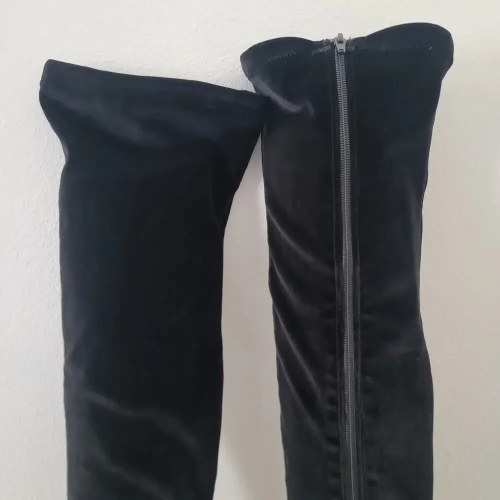 Over the‎ Knee Boot Zip Glittery Block Heel Velvet Sz 7 Whimsygoth Party Concert